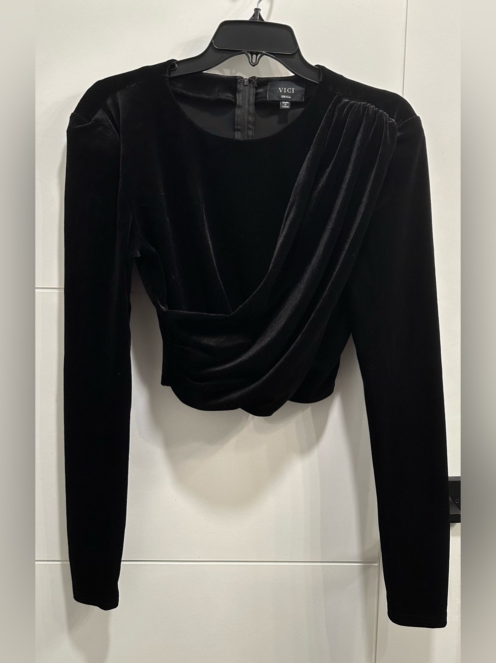 VICI Black Velvet Draped Wrap Front Long Sleeve Crop Top Party Holiday Small New